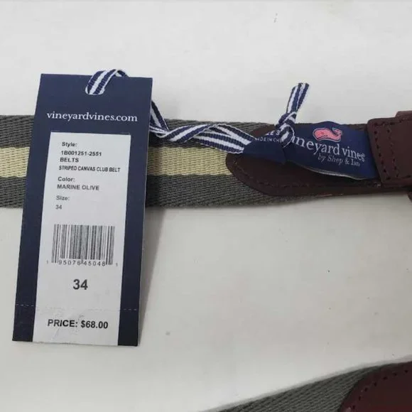 New men's3644 Vineyard Vines striped canvas club belt inMarine Olive